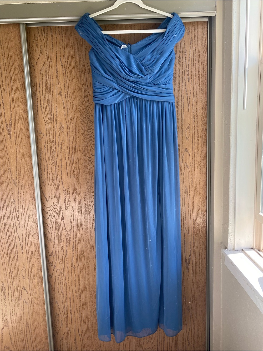David's Bridal Blue Off-the-Shoulder Ruched Maxi Gown